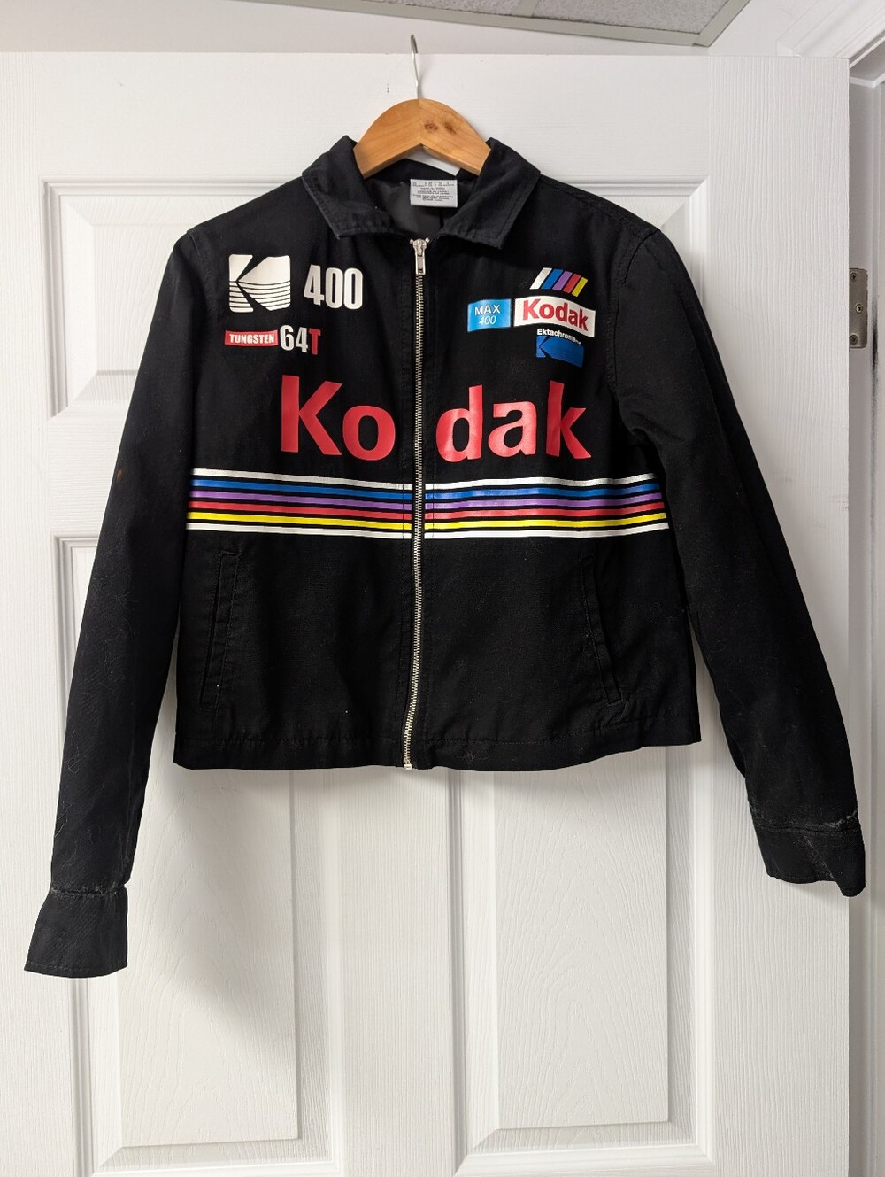Vintage Style Kodak Racing Jacket Black Retro Multi-Color Stripes Size Small